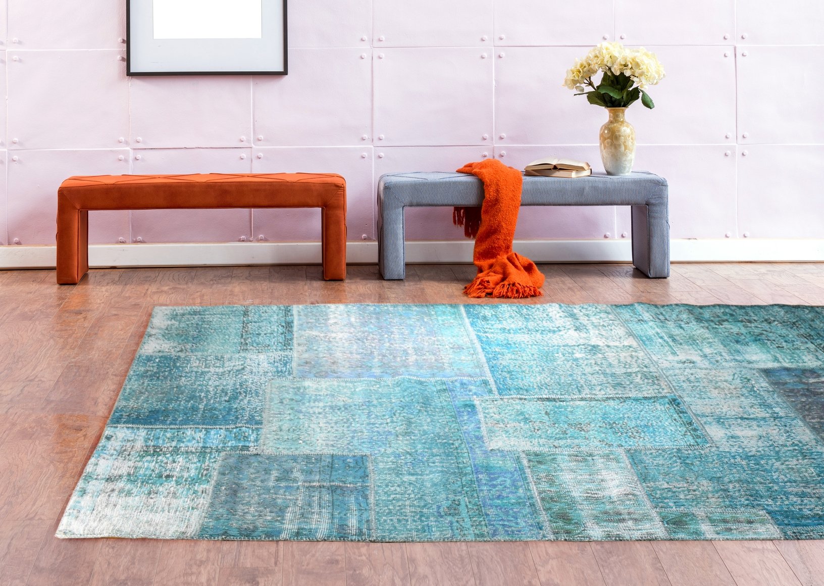 Handmade Persian Patchwork Green Coloured Rug